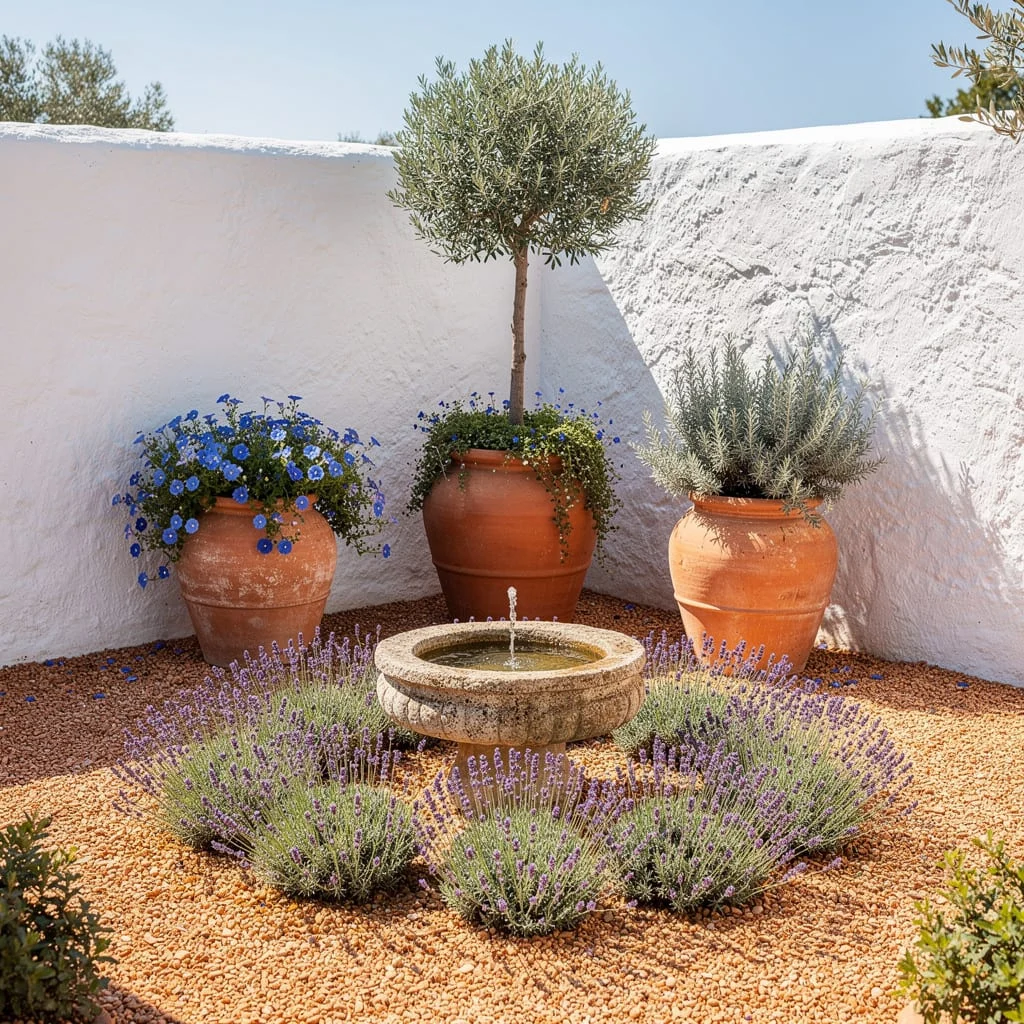 The Mediterranean Courtyard Corner with Terracotta and a Fountain