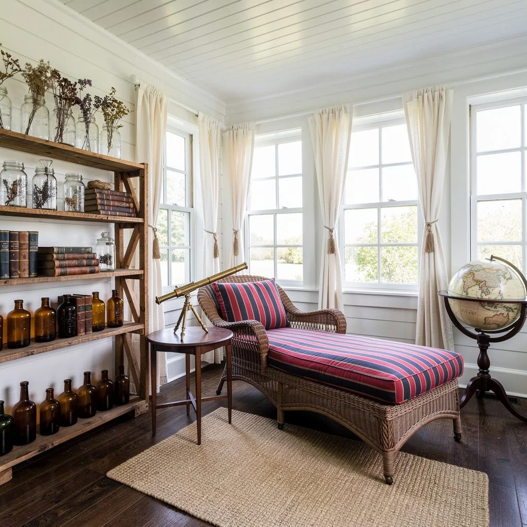Wicker Chaise, Bottles, Brass Telescope