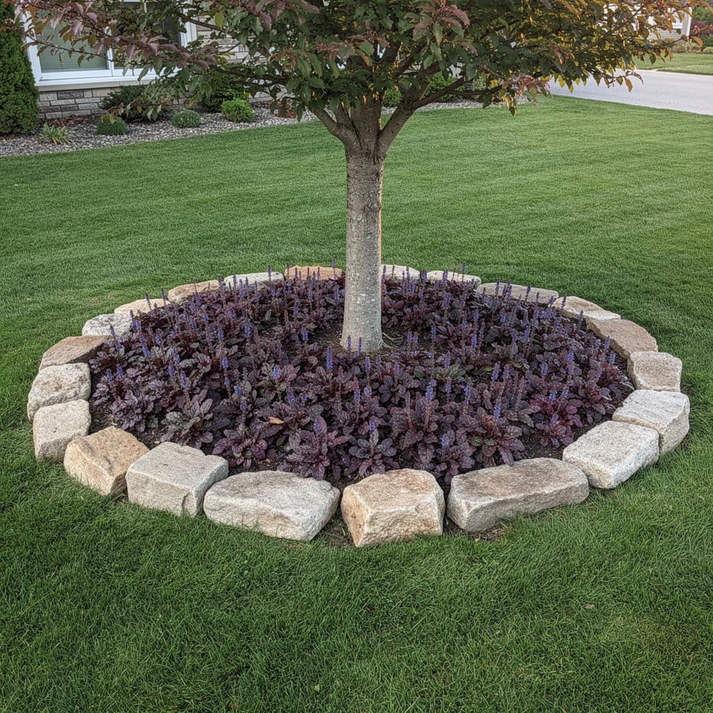 The Red-Leaf Tree with Natural Stone Block Ring and Ajuga Groundcover