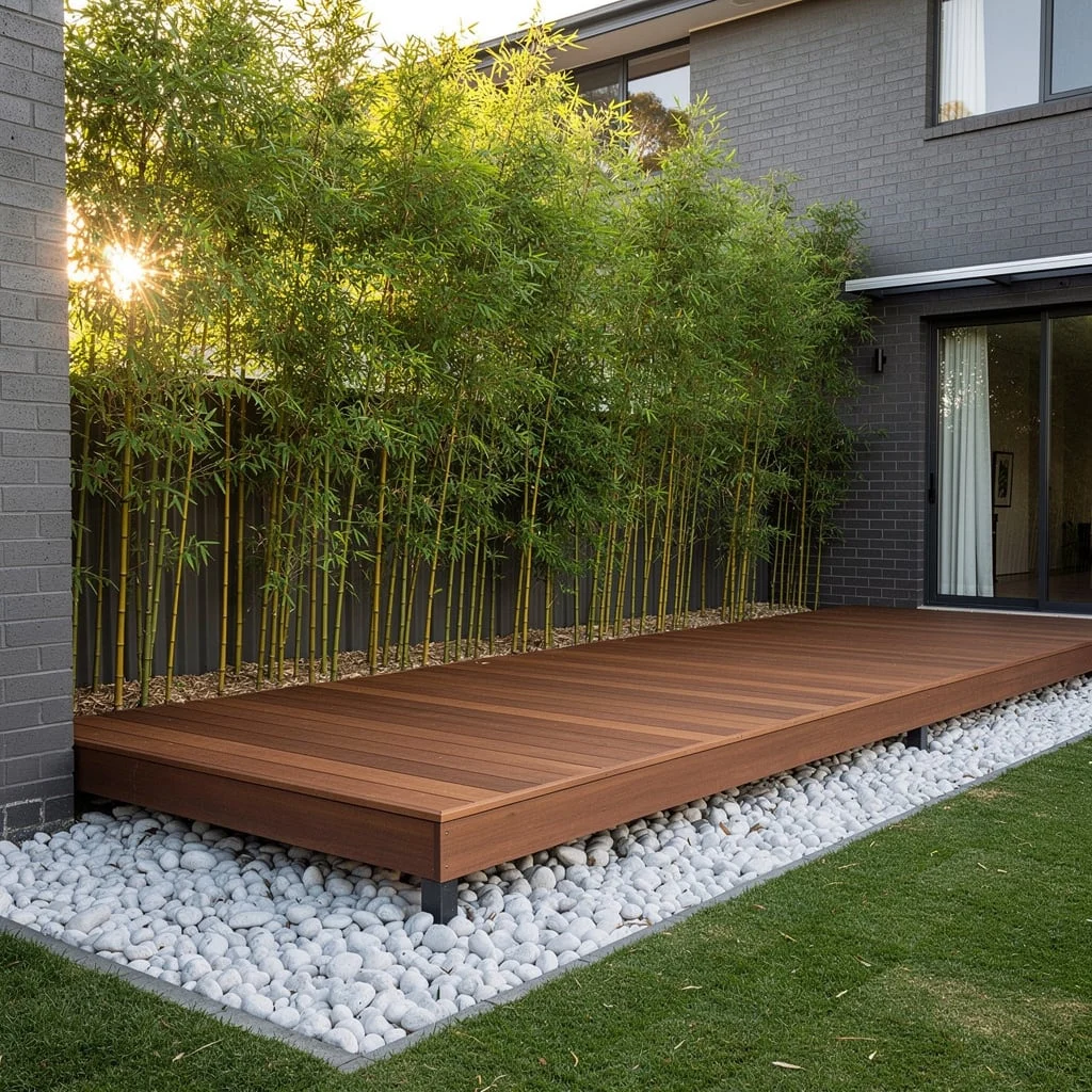 The Ipe Deck with Bamboo Screen, White Pebble Ground Cover, and Maximum Privacy
