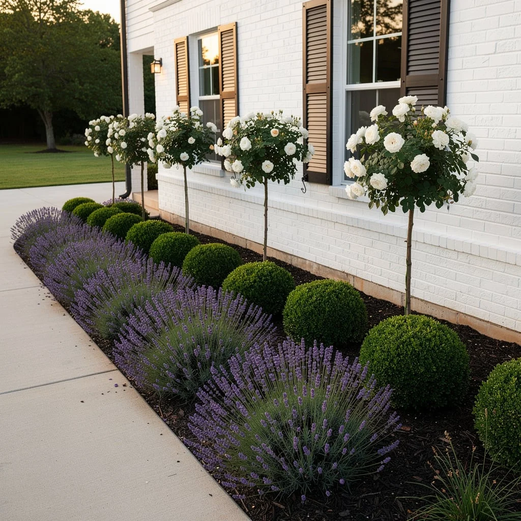 Standard Roses, Boxwood, and Lavender