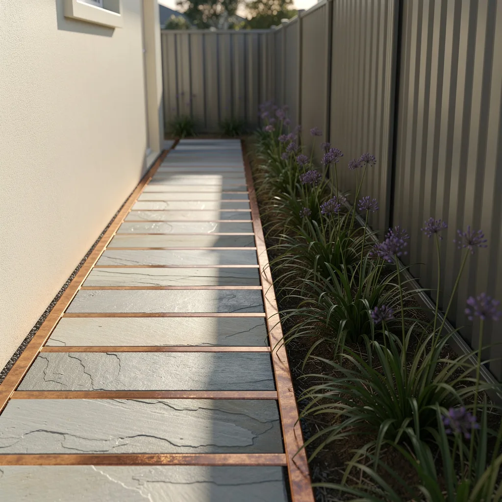 Bluestone Tiles, Copper Edging, Agapanthus