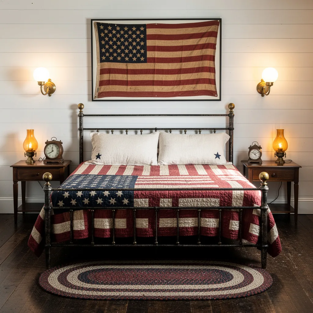 Iron Bed, Aged Flag, Oil Lamp Bedroom