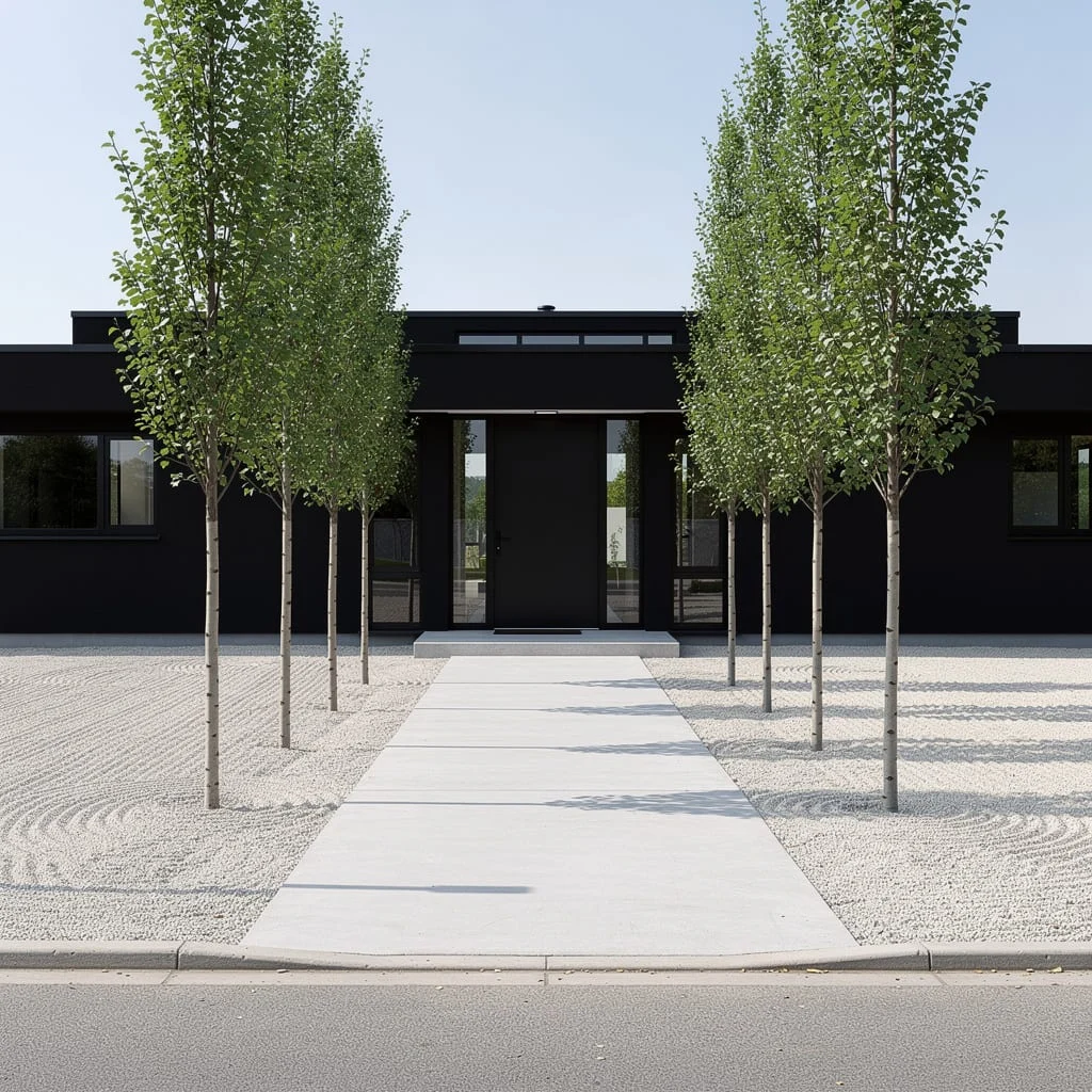 The Minimalist Front Yard with Multi-Stem Birch Allee, White Gravel, and a Concrete Slab Path