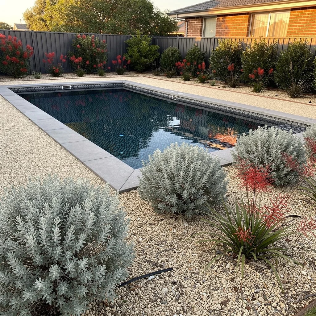 The Dark Pool with White Gravel, Silver-Leaf Native Planting, and a Charcoal Fence