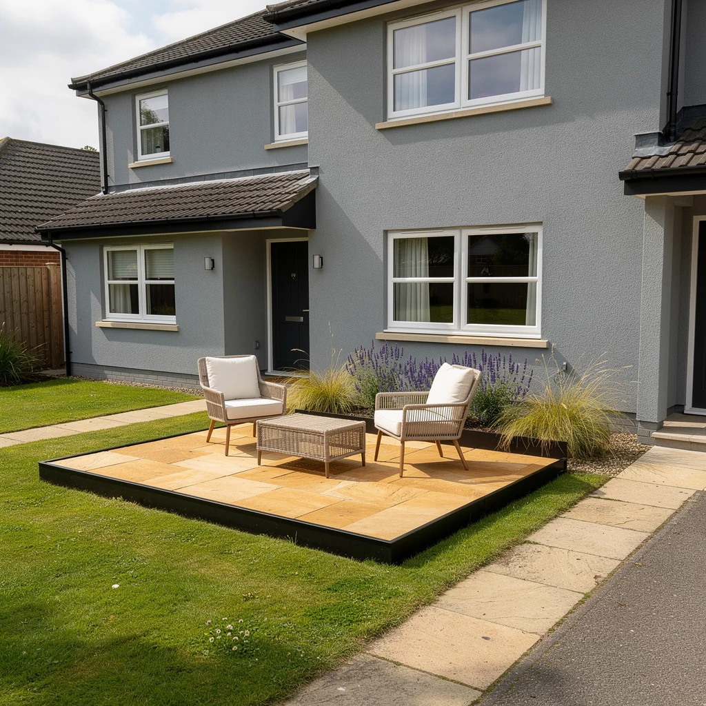 The Front Lawn Sandstone Patio with Rattan Chairs