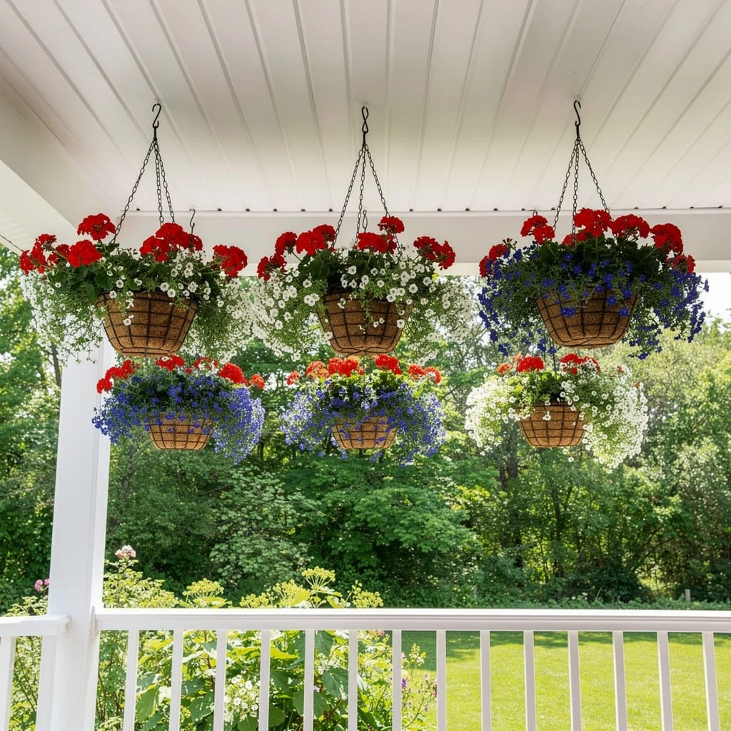 Patriotic Hanging Baskets on the Porch Ceiling