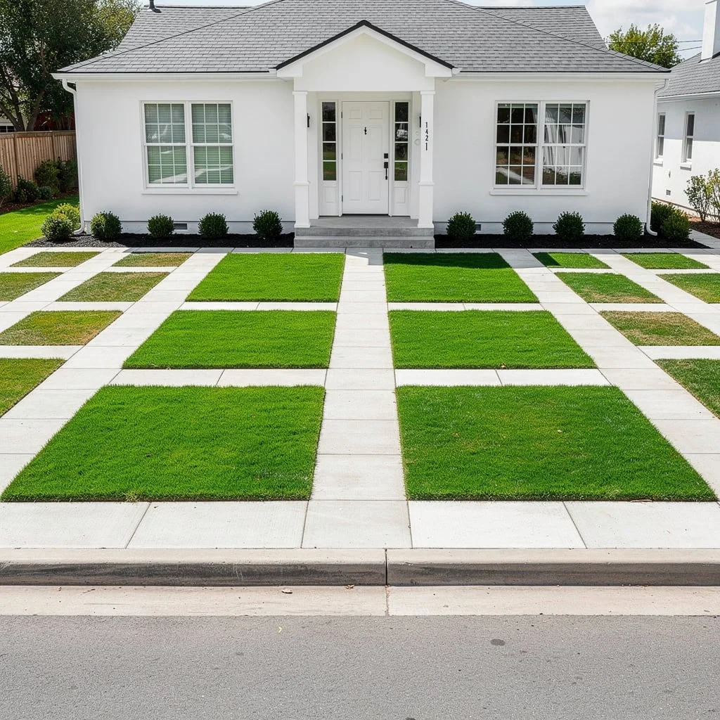The Graphic Concrete and Grass Grid with Black Shrub Edging and a White House