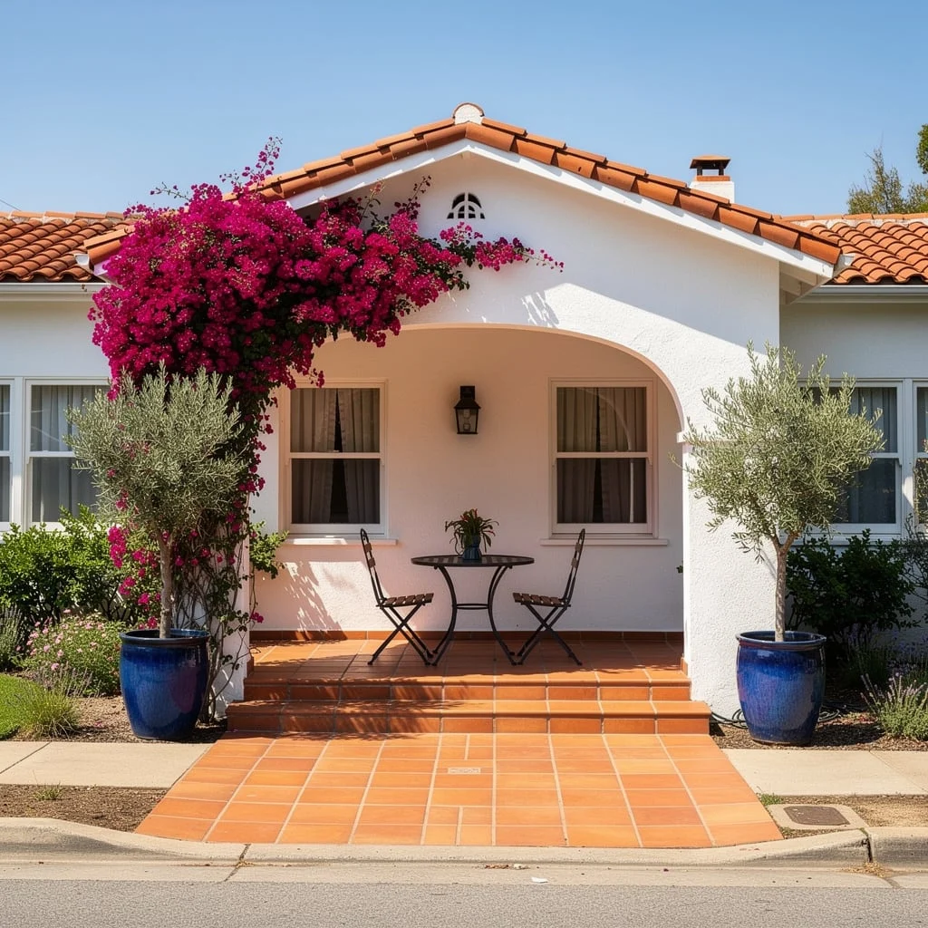 The Spanish Mission Entry With Terracotta Tile and Single Bougainvillea