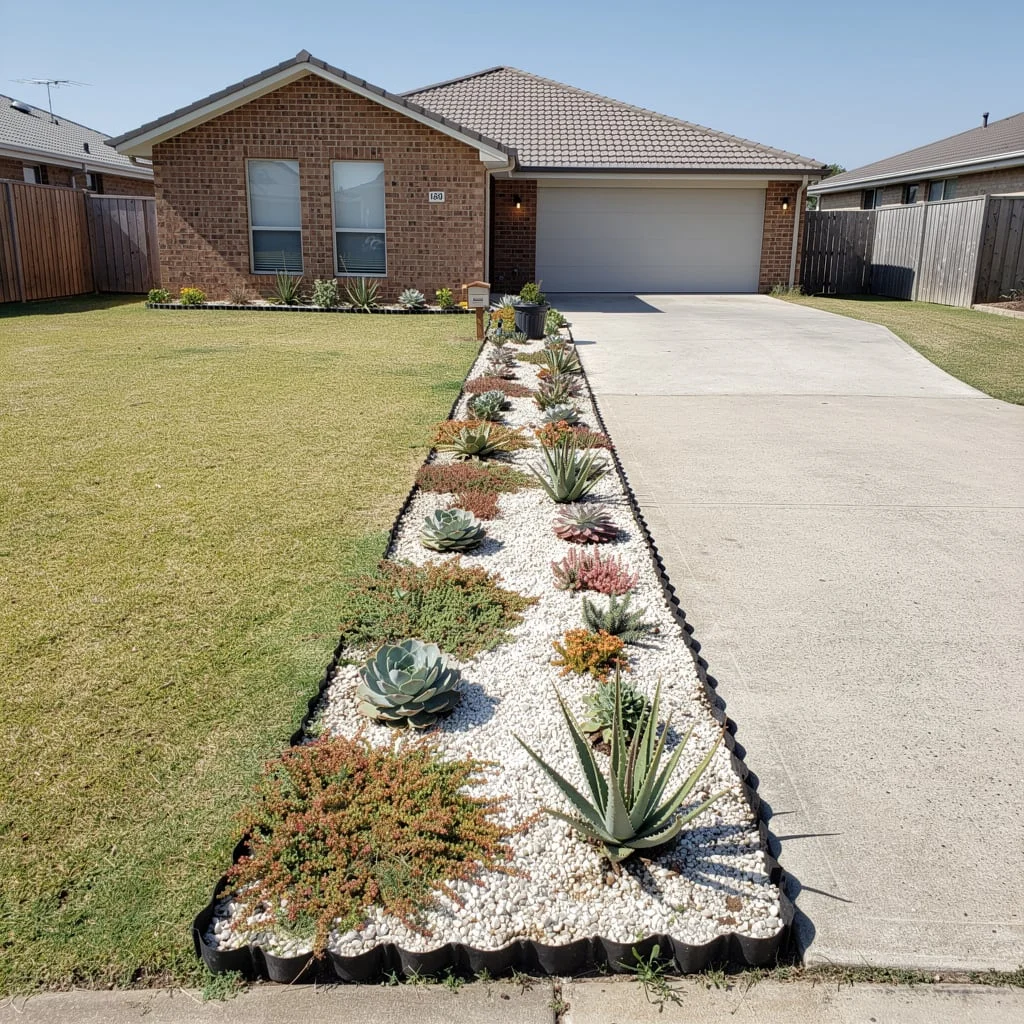 The Succulent and Gravel Driveway Border with Black Plastic Edging