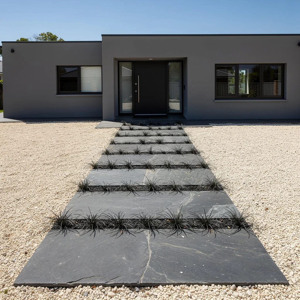 The Dark Granite Stepping Path With Black Mondo Grass Joints and White Gravel Ground That Lives in the Twenty-First Century