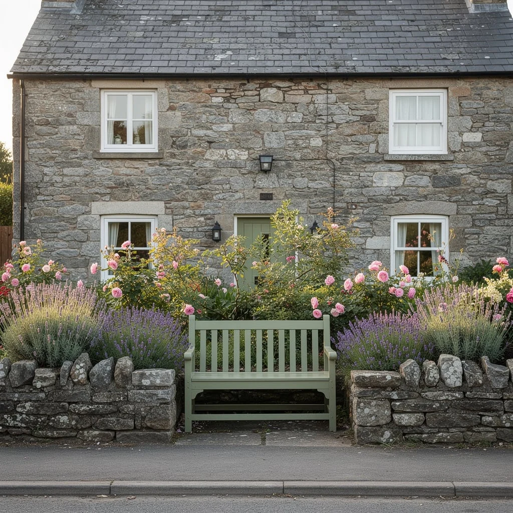 The Granite Cottage with Painted Bench and Lavender Border