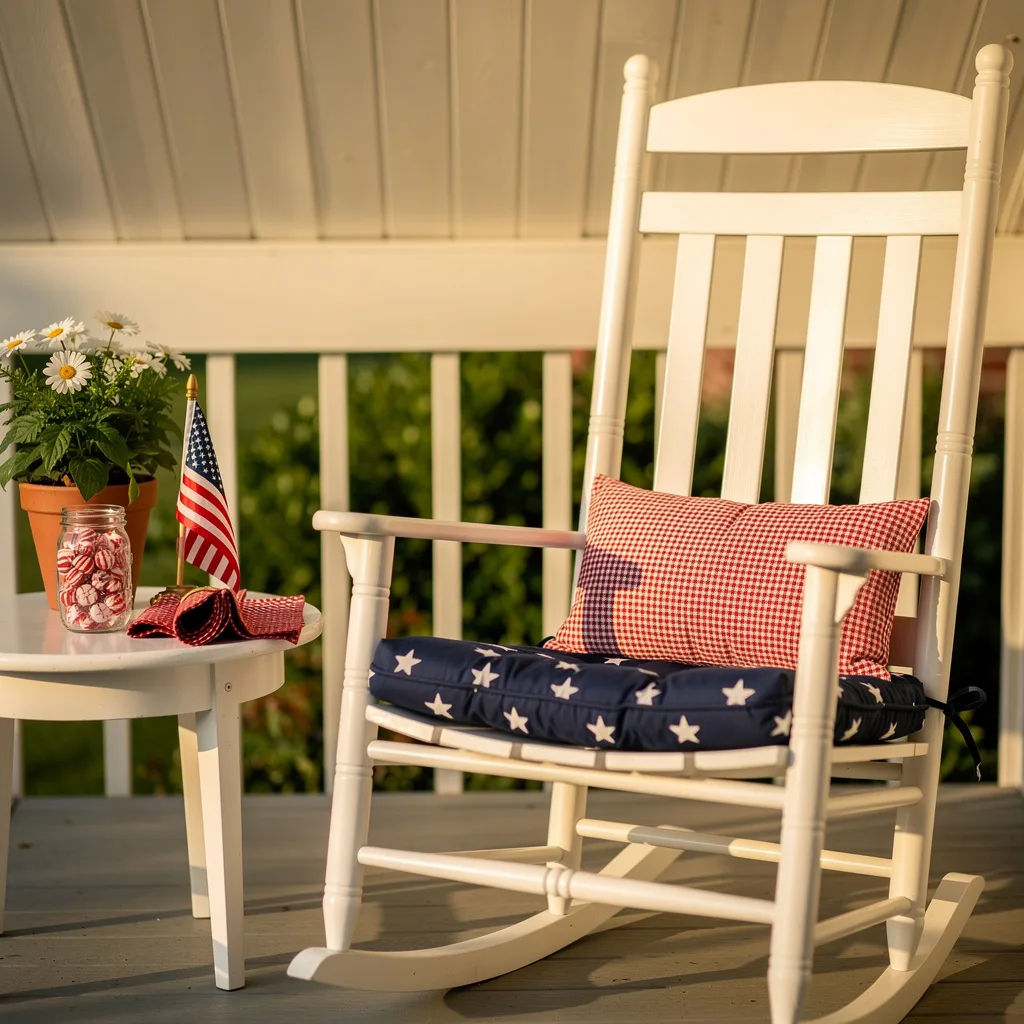 White Rocker with Patriotic Cushions