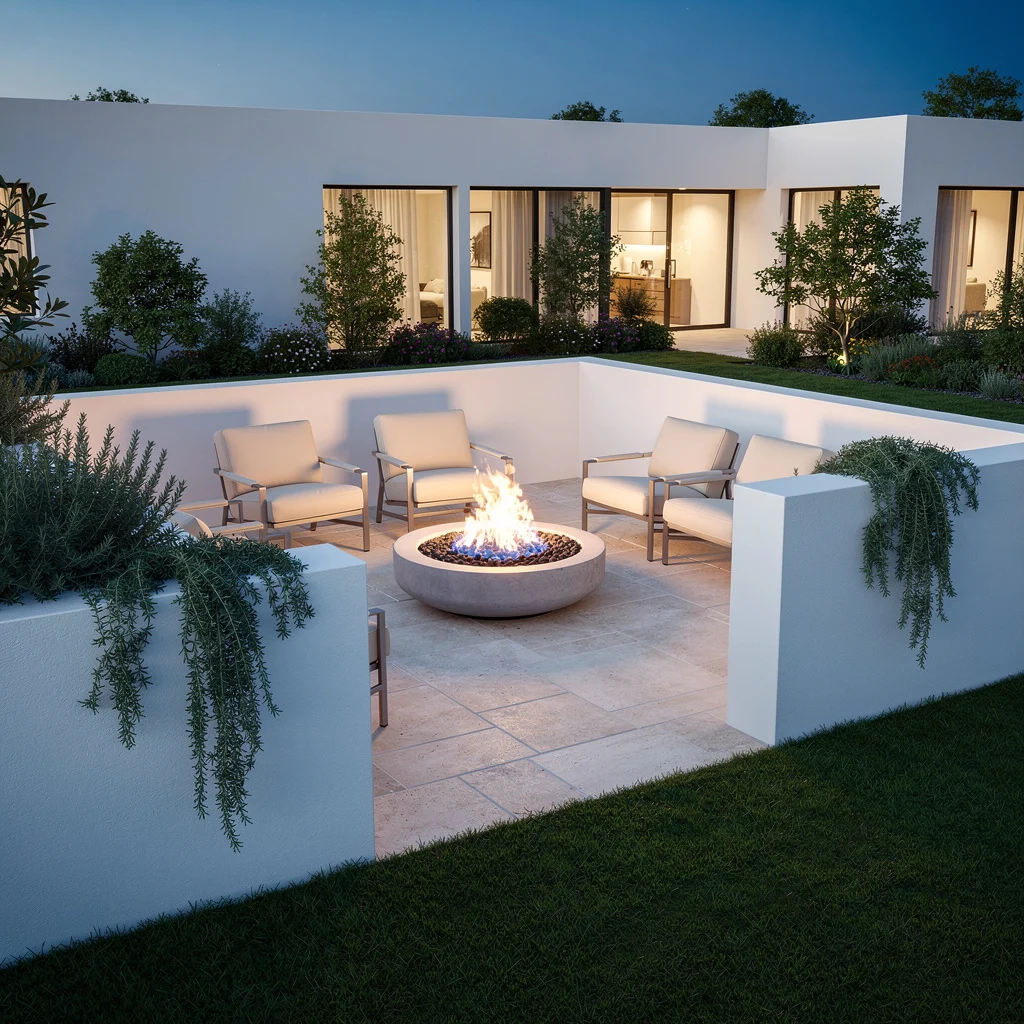 White Render Courtyard With Sunken Garden