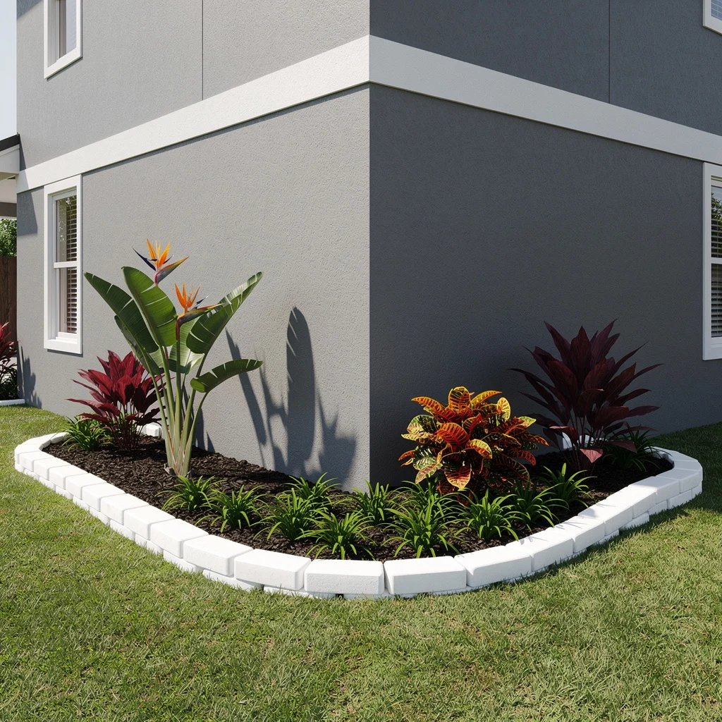 Tropical Corner Bed With White Block Edging