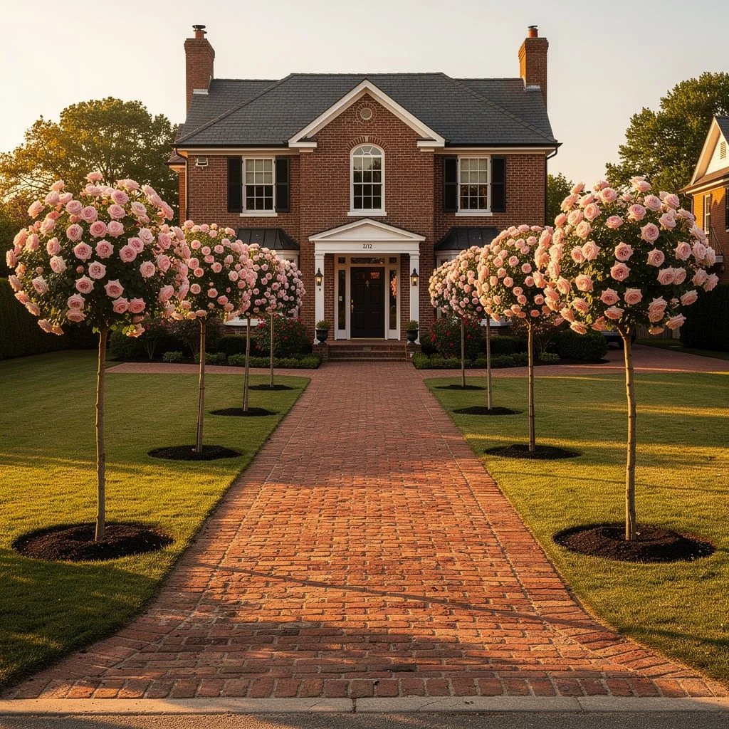 The Pink Rose Standard Tree Allee on a Brick Paver Drive That Commits to Romance