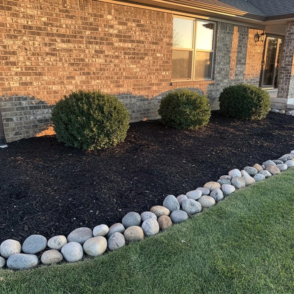 The Rounded River Rock Border with Classic Black Mulch