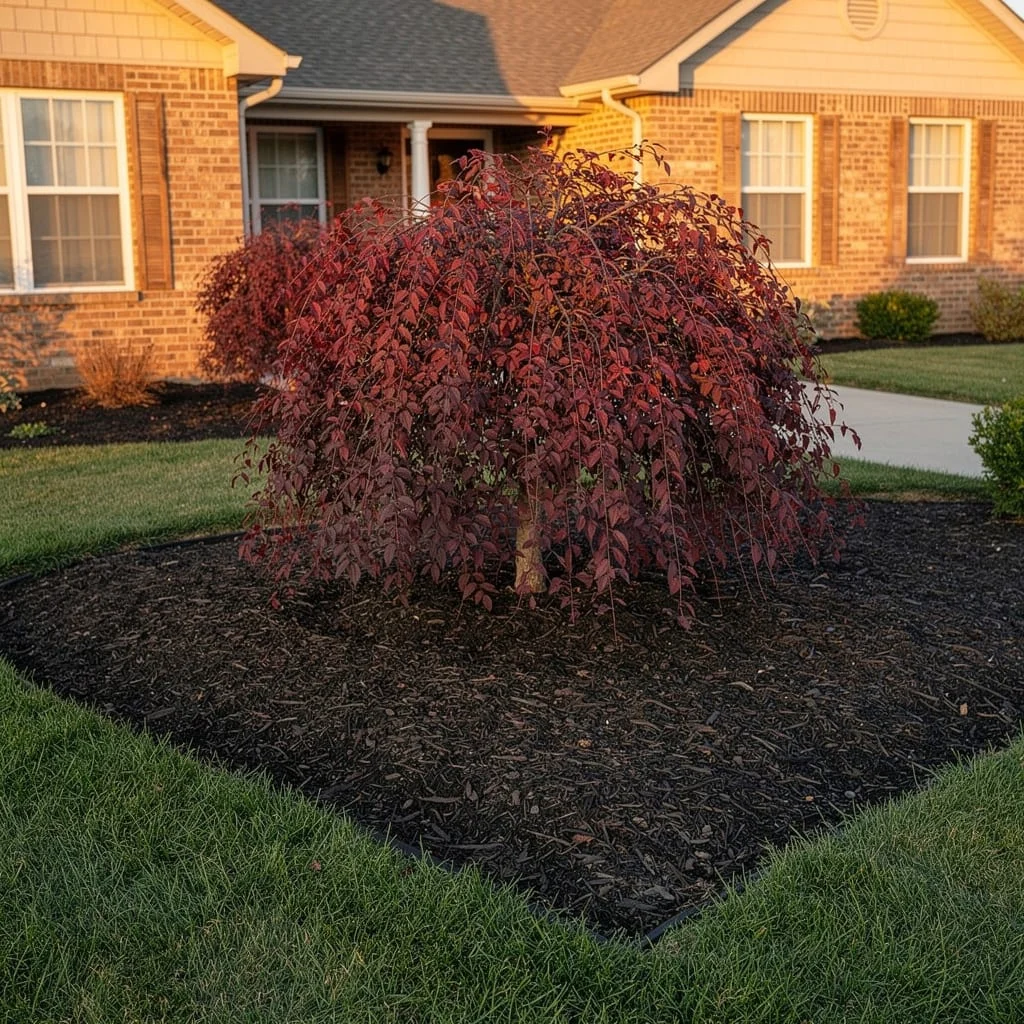 The Weeping Crimson Tree in a Mulch Island on the Lawn