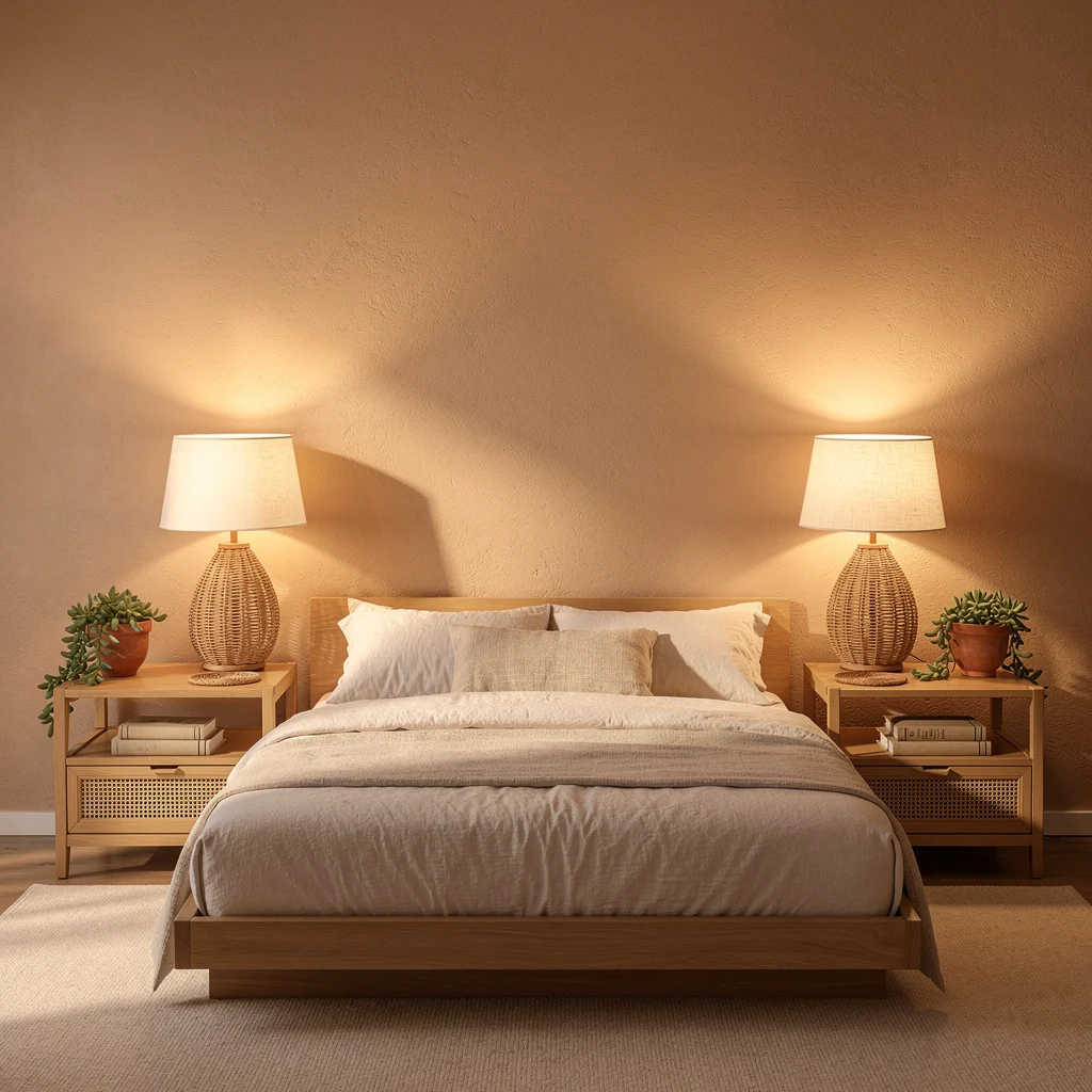Warm Plaster Bedroom, Rattan Lamps