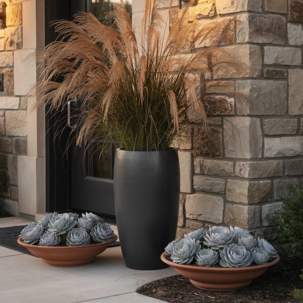 Tall Black Planter with Low Bowls