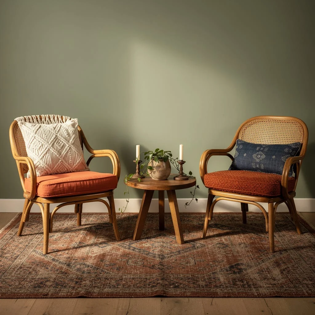Rattan Chairs, Sage Green Wall