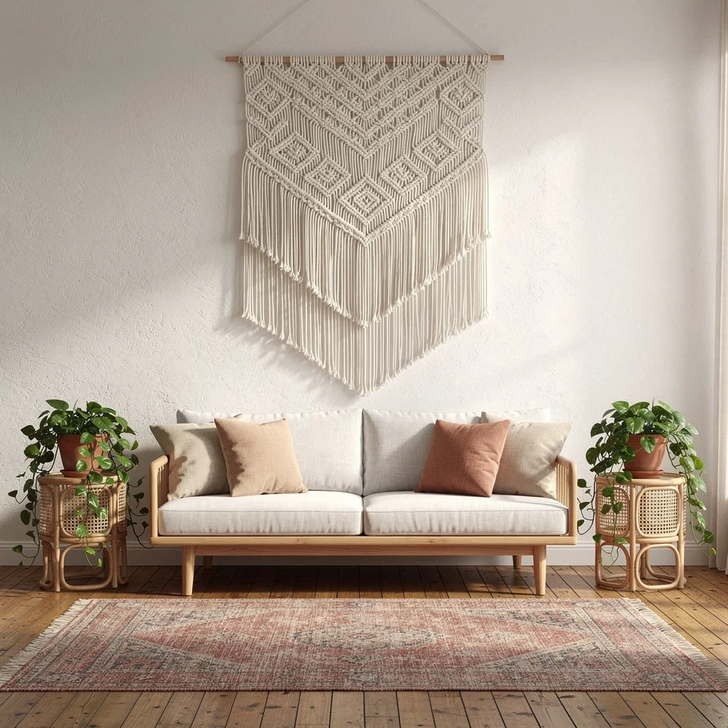 Macramé Over Rattan Sofa
