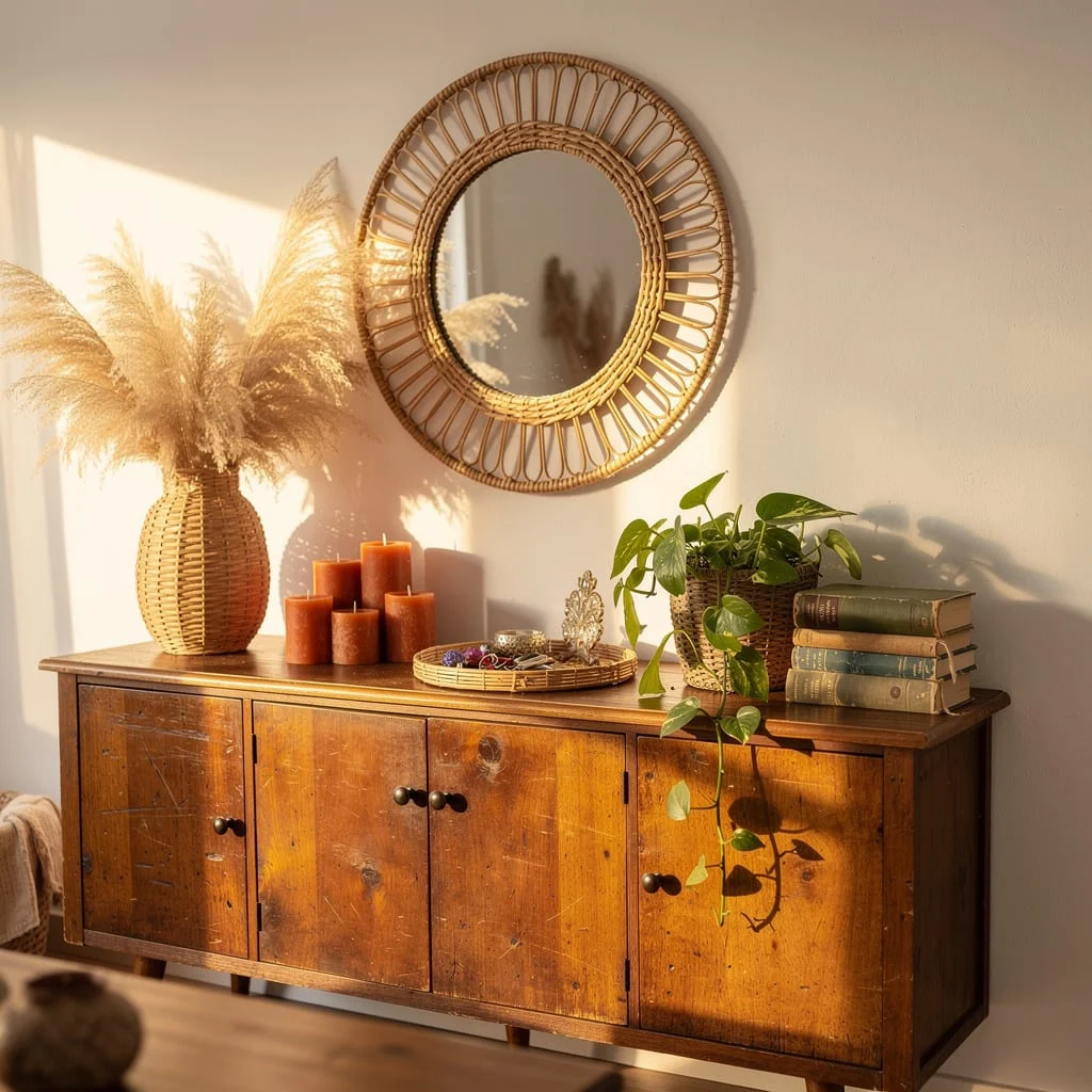 Vintage Sideboard, Rattan Mirror