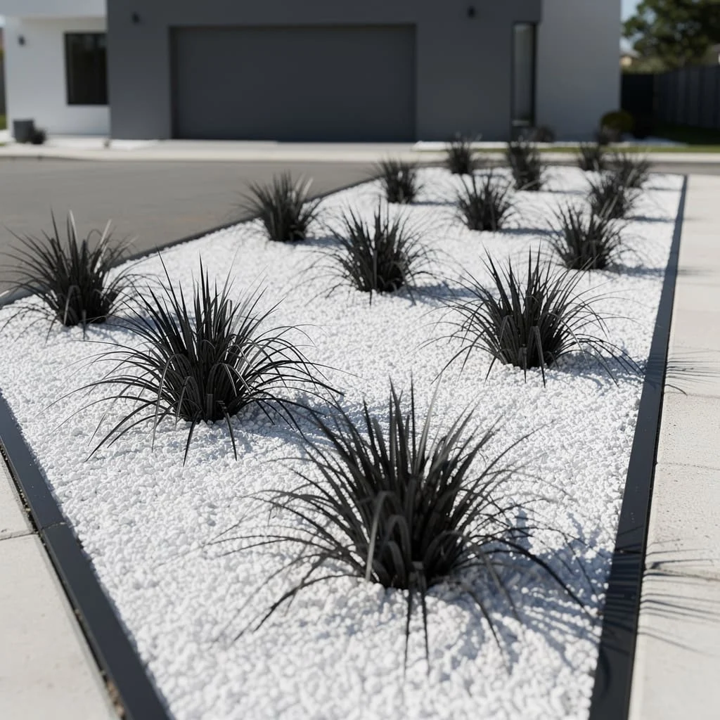 Black Mondo Grass On White Gravel
