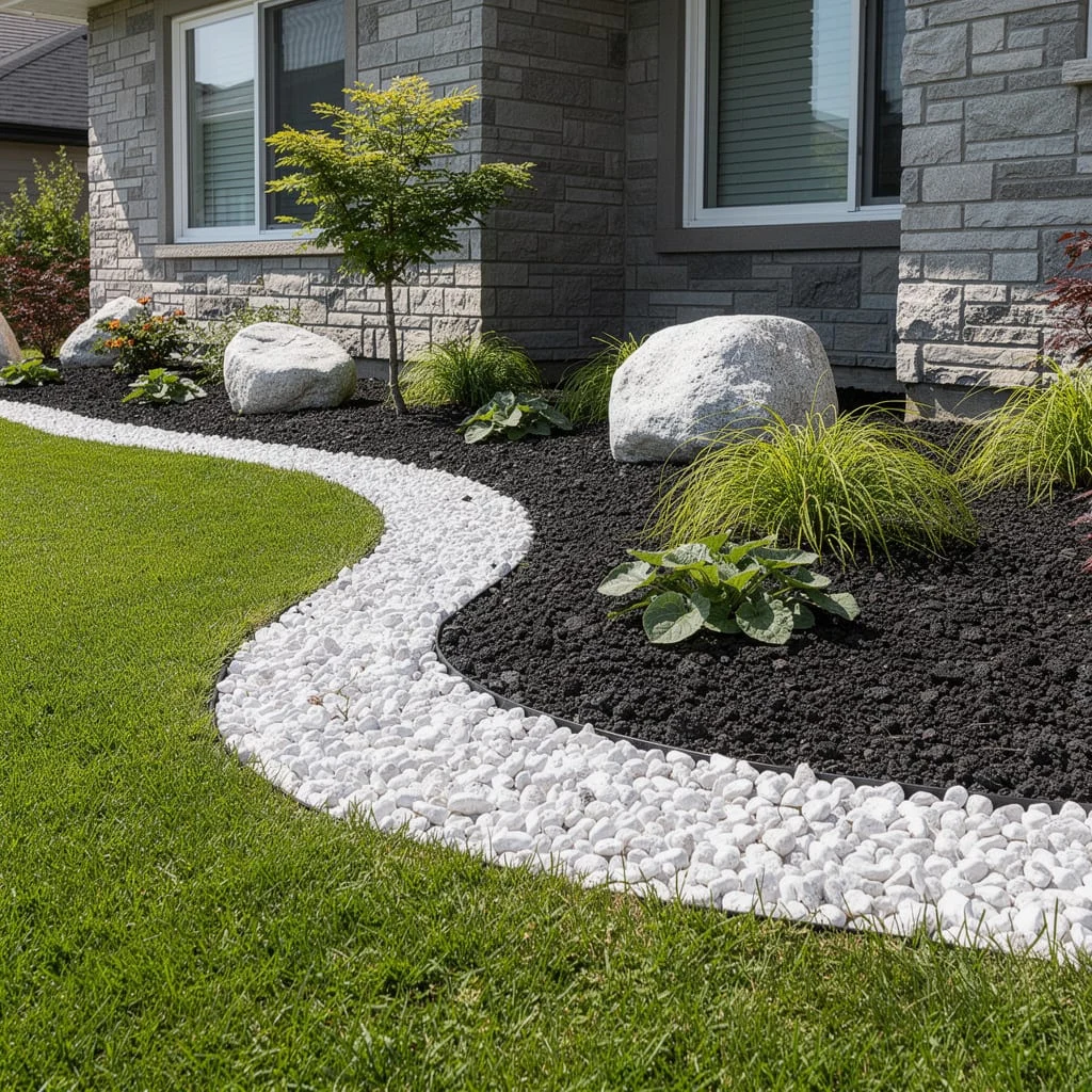White Pebble River With Black Mulch Bed
