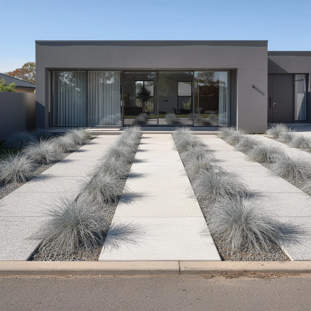 The Grey Rendered House with Blue Fescue, Exposed Aggregate Panels, and a Precision Concrete Path