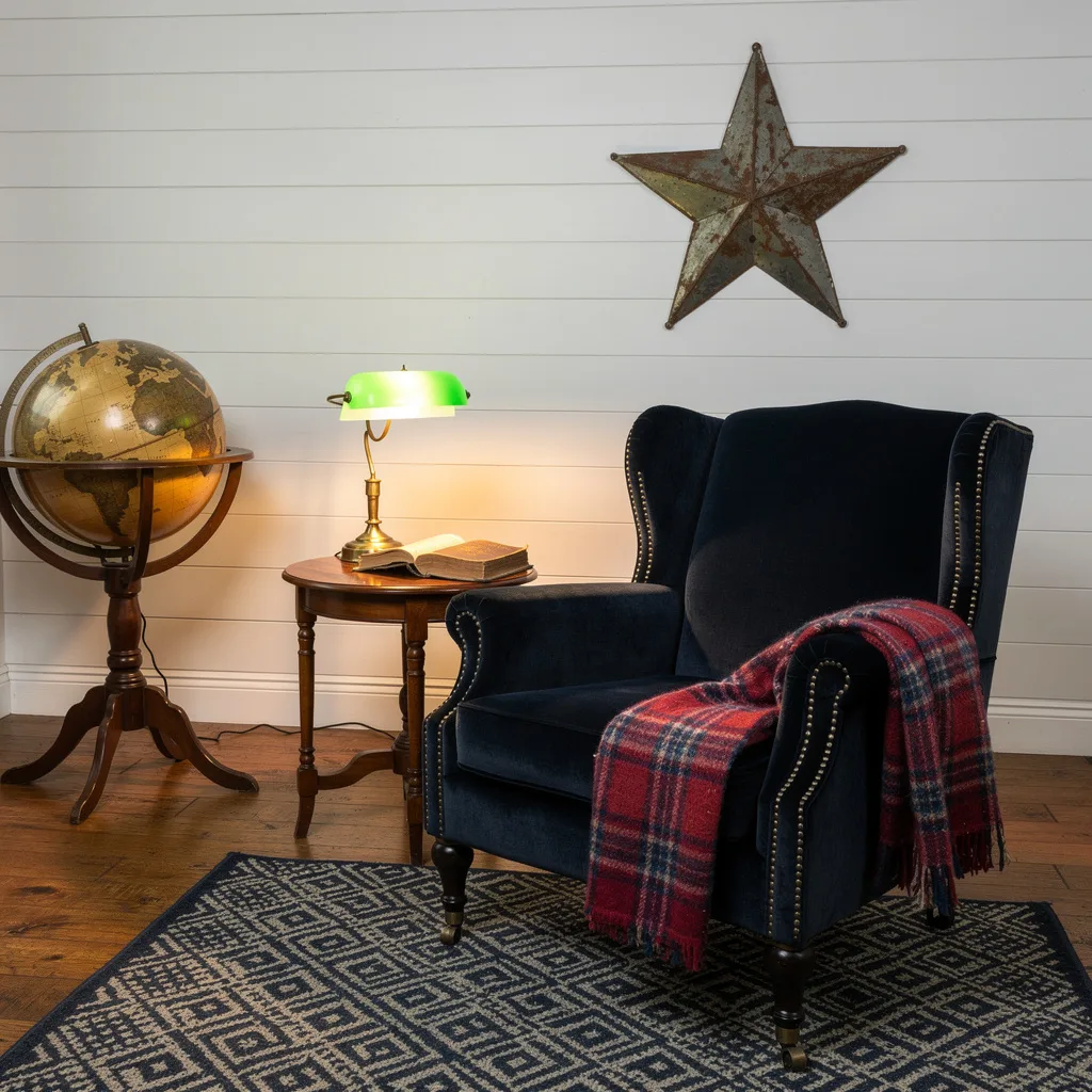 Navy Velvet Chair, Globe, Barn Star