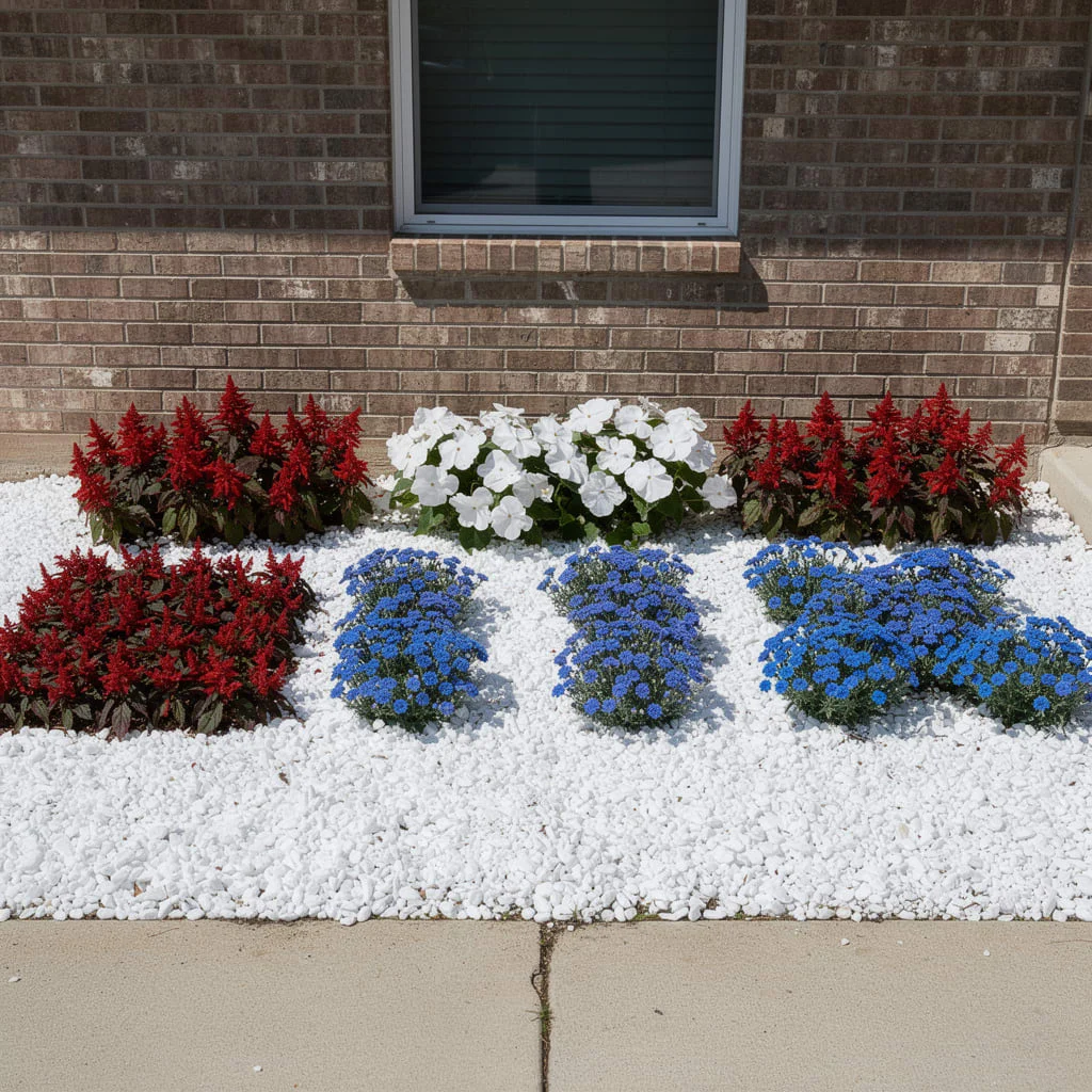 White Pebble Bed With Red, White, and Blue Annuals