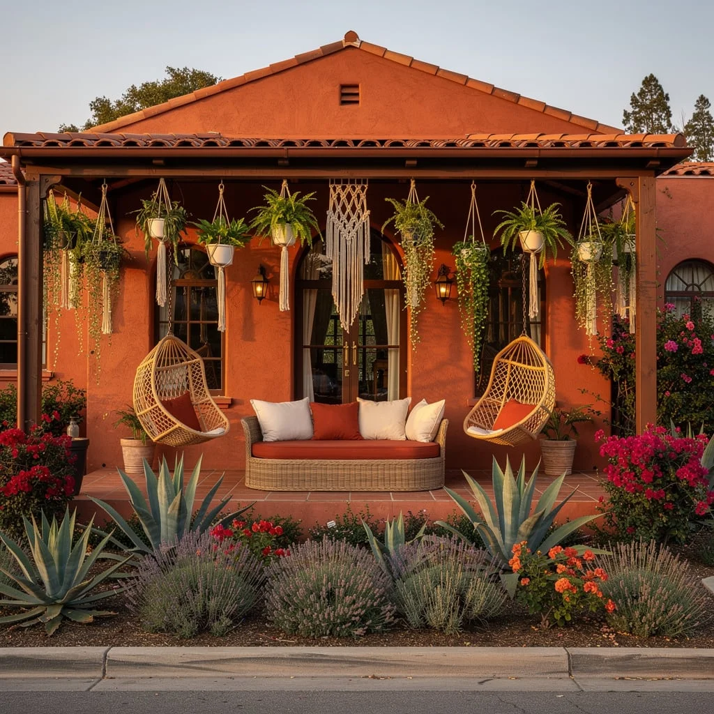 The Spanish Revival Porch with Rattan Egg Chairs and Macramé