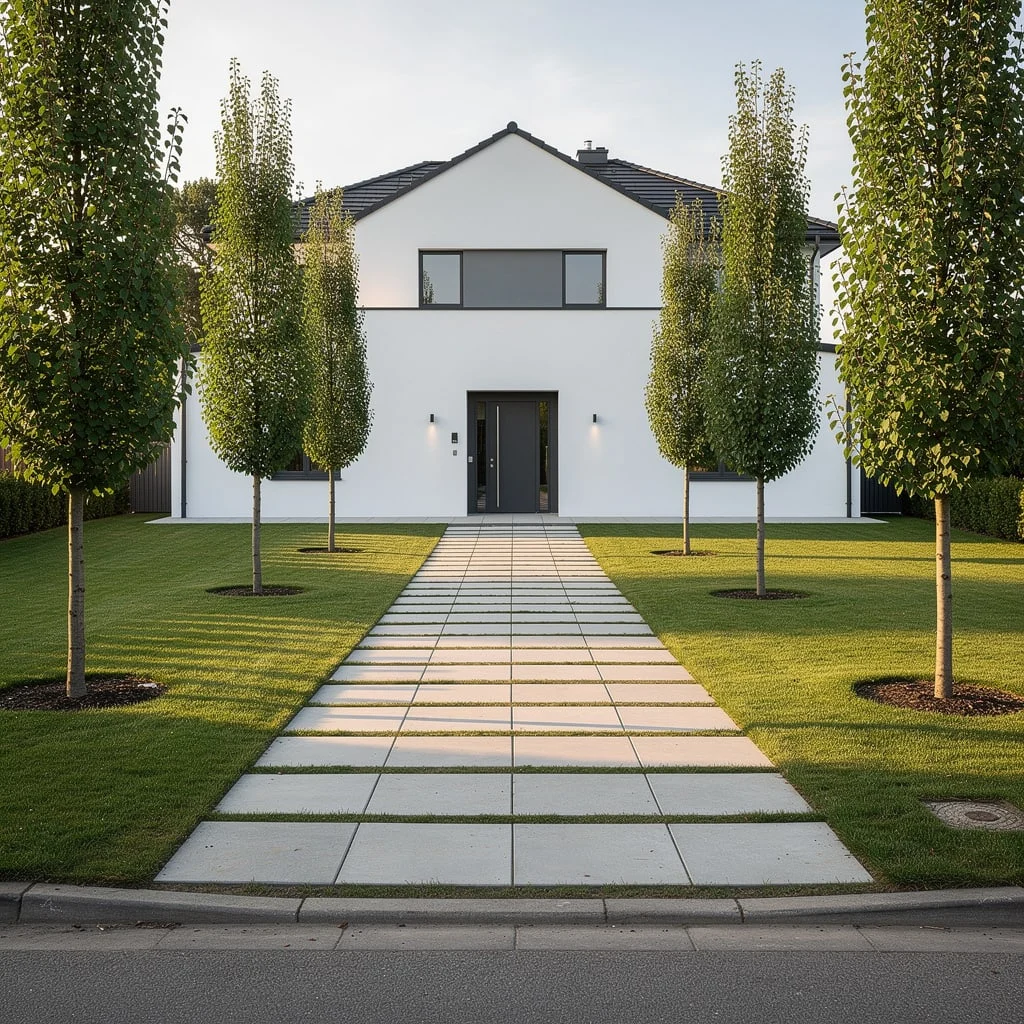 The Columnar Birch Allee on a Wide Stone Paver Path That Makes a Modest House Look Significant