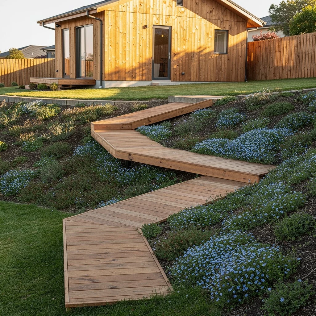 The Cedar Boardwalk Path Through a Flowering Groundcover Slope