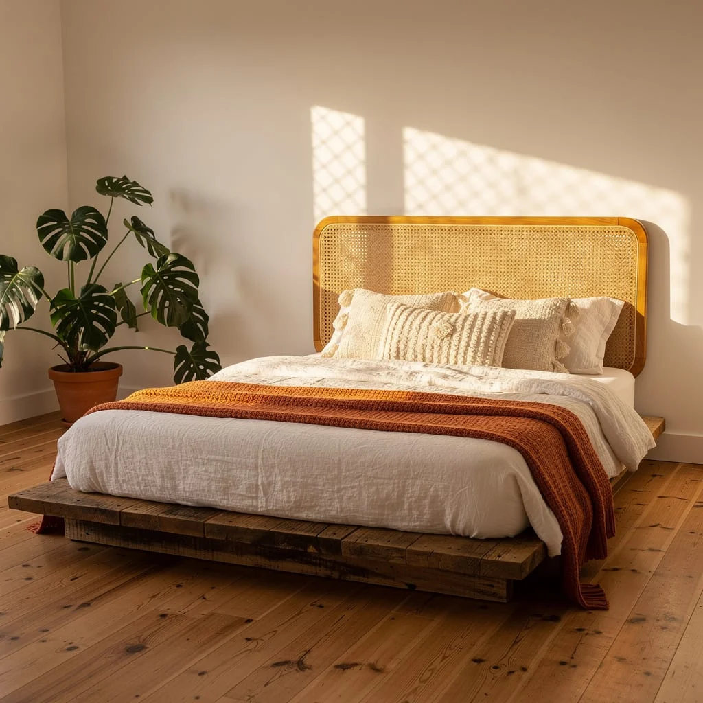 Pallet Bed, Cane Headboard
