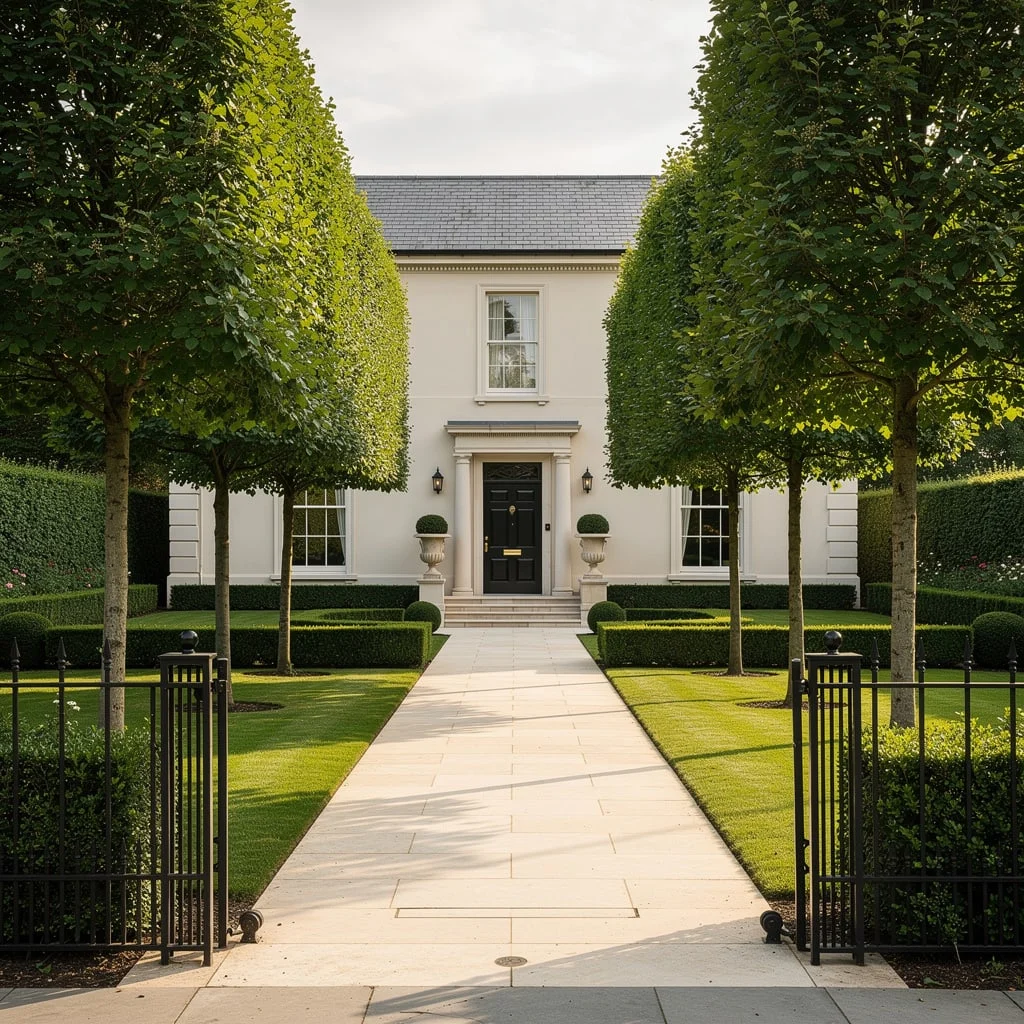 The Allée Approach With Clipped Trees and Limestone Path