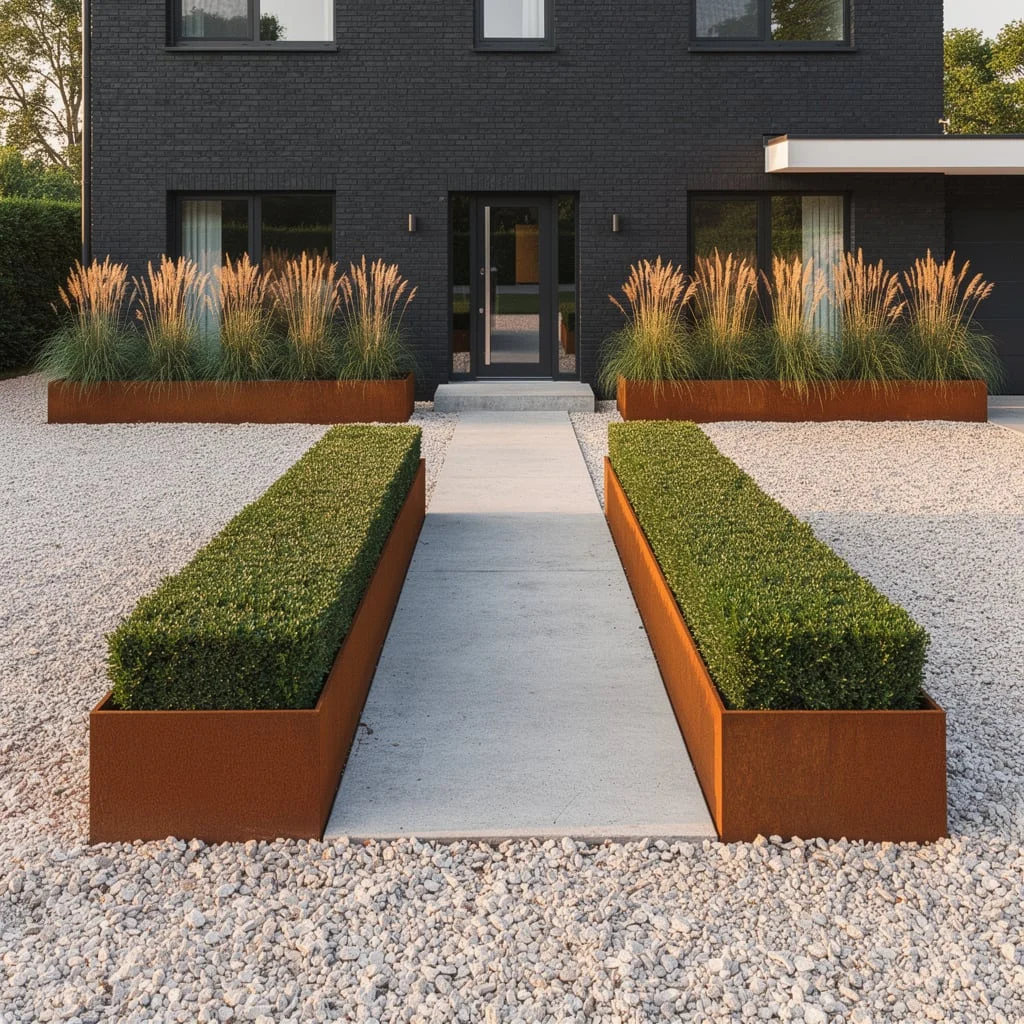 The Corten Steel Raised Planter Allee with Clipped Box Hedging and Karl Foerster Grass