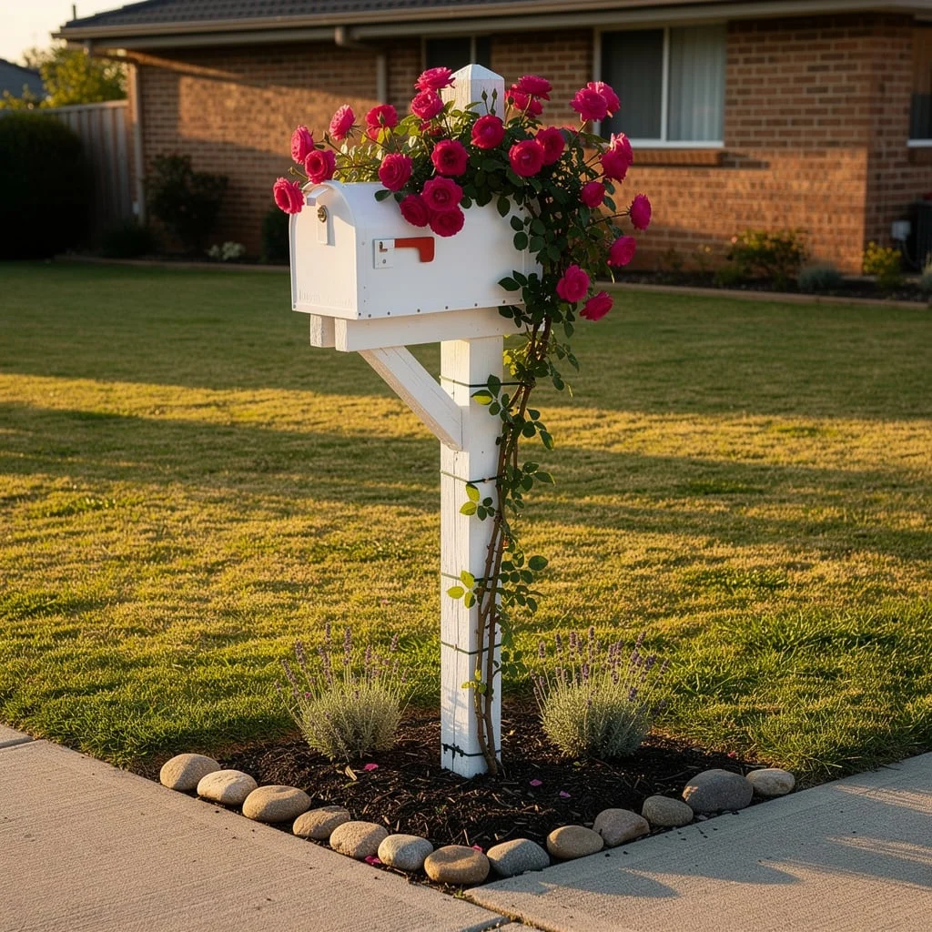 The White Post With Climbing Rose and River Stone Edge