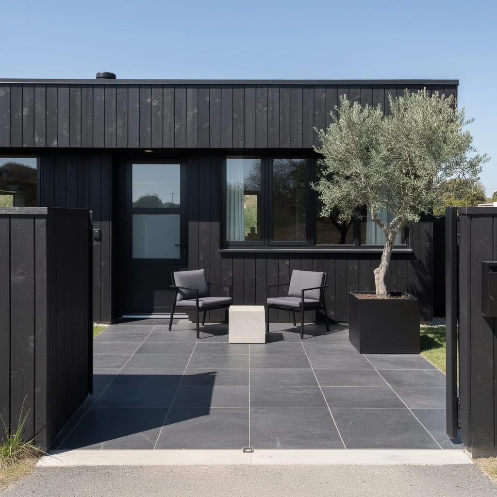 The All-Black Contemporary Courtyard with a Single Olive Tree