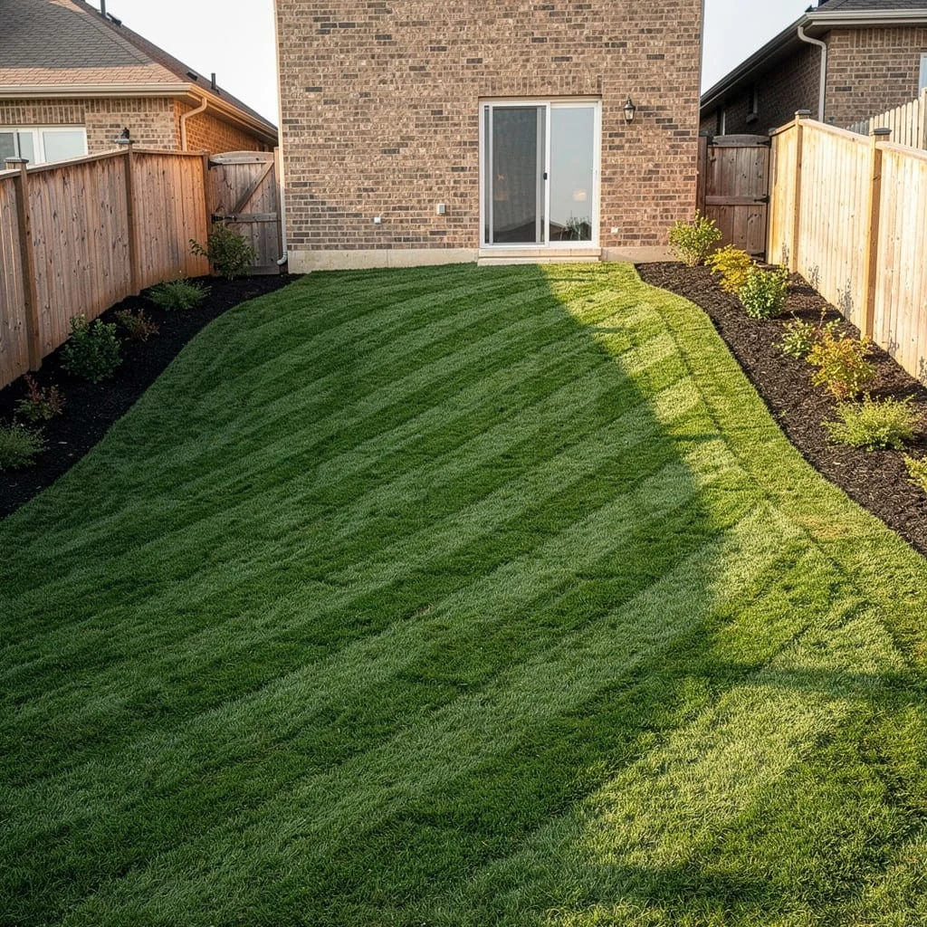 The Brick House Backyard with a Turfed Slope and Dark Mulch Perimeter Beds