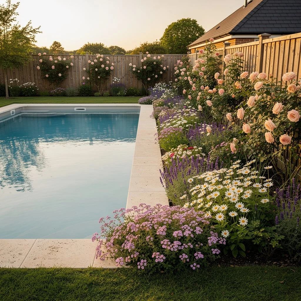 The Cottage Pool Border with Roses, Lavender, Daisies, and Climbing Fence Roses