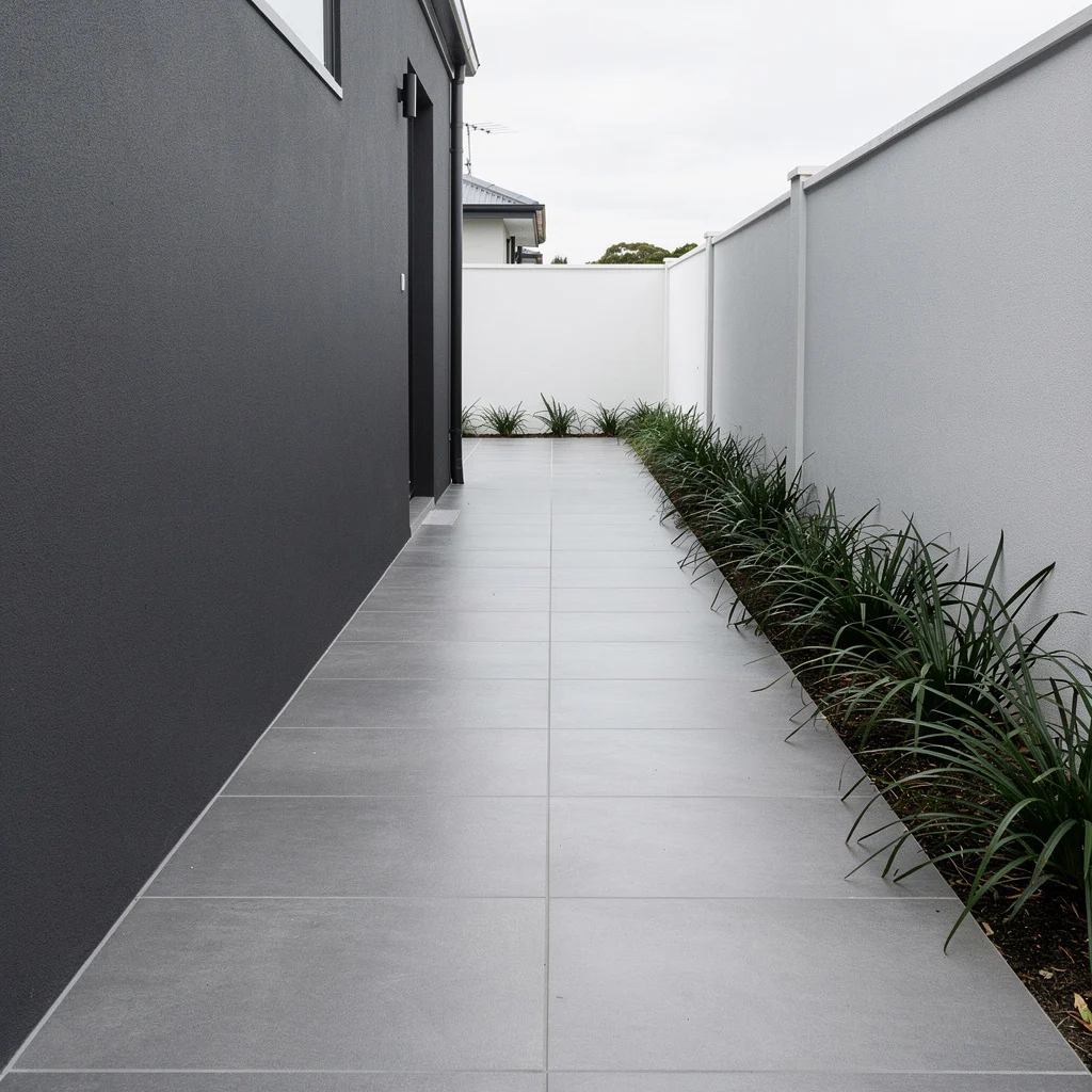 Full-Width Grey Tiles, Restrained Planting