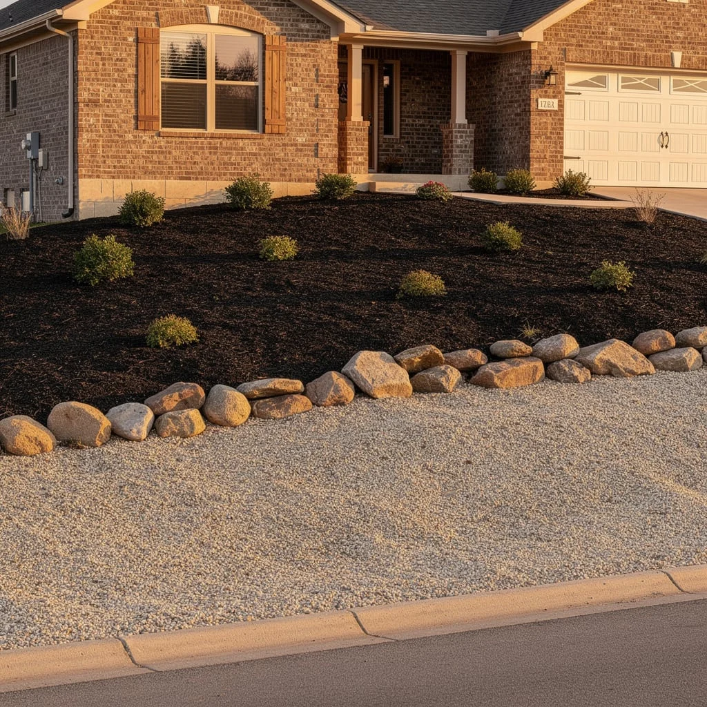 The Golden Boulder and Black Mulch Bed Built on Raw Contrast