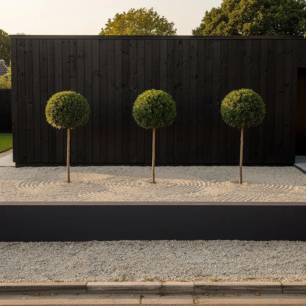 The Three Ball-Head Standards in Raked White Gravel Against a Black Fence