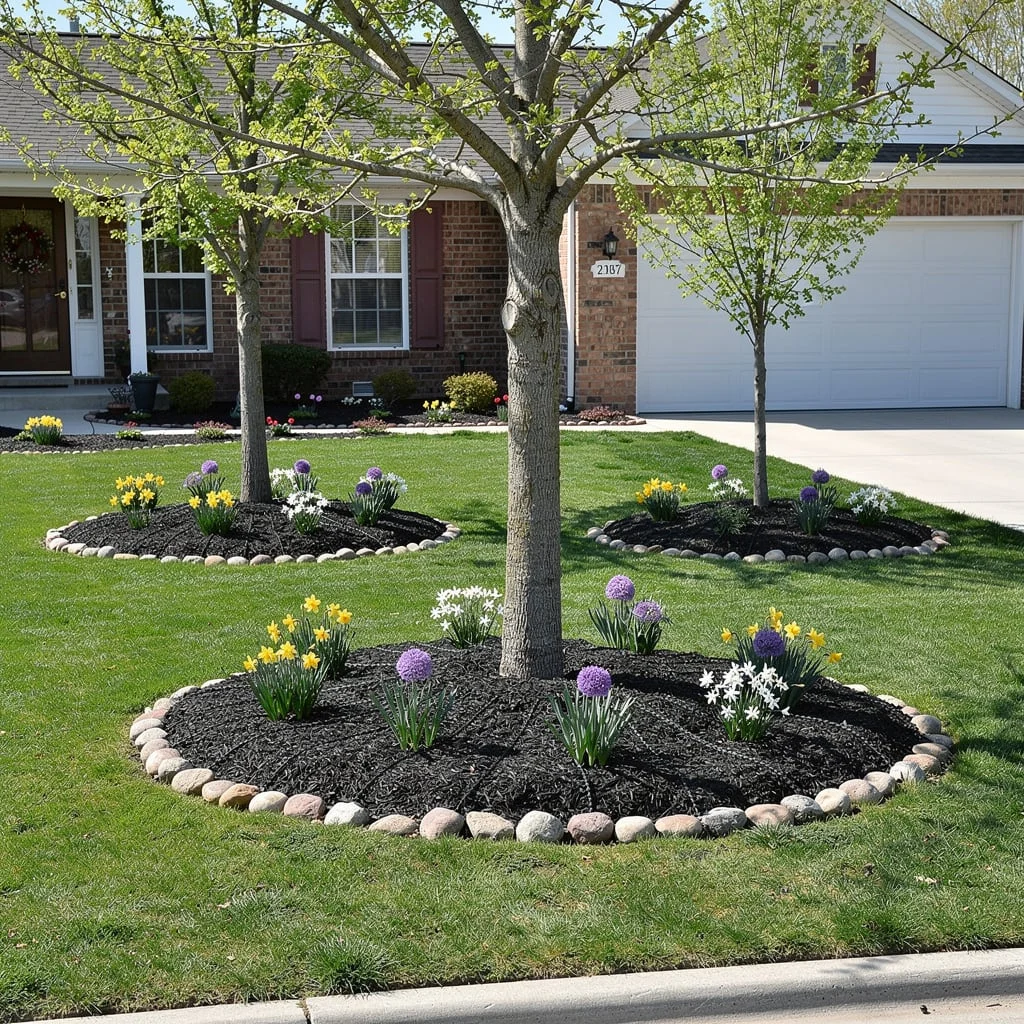 The Two-Tree Lawn with River Stone Circles, Bulb Planting, and Black Mulch