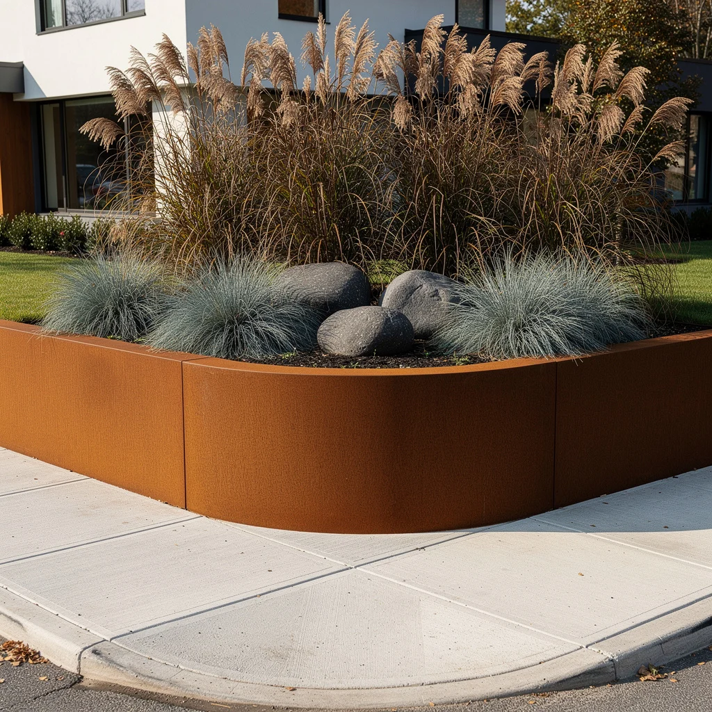 The Corten Steel Curved Raised Bed with Ornamental Grasses