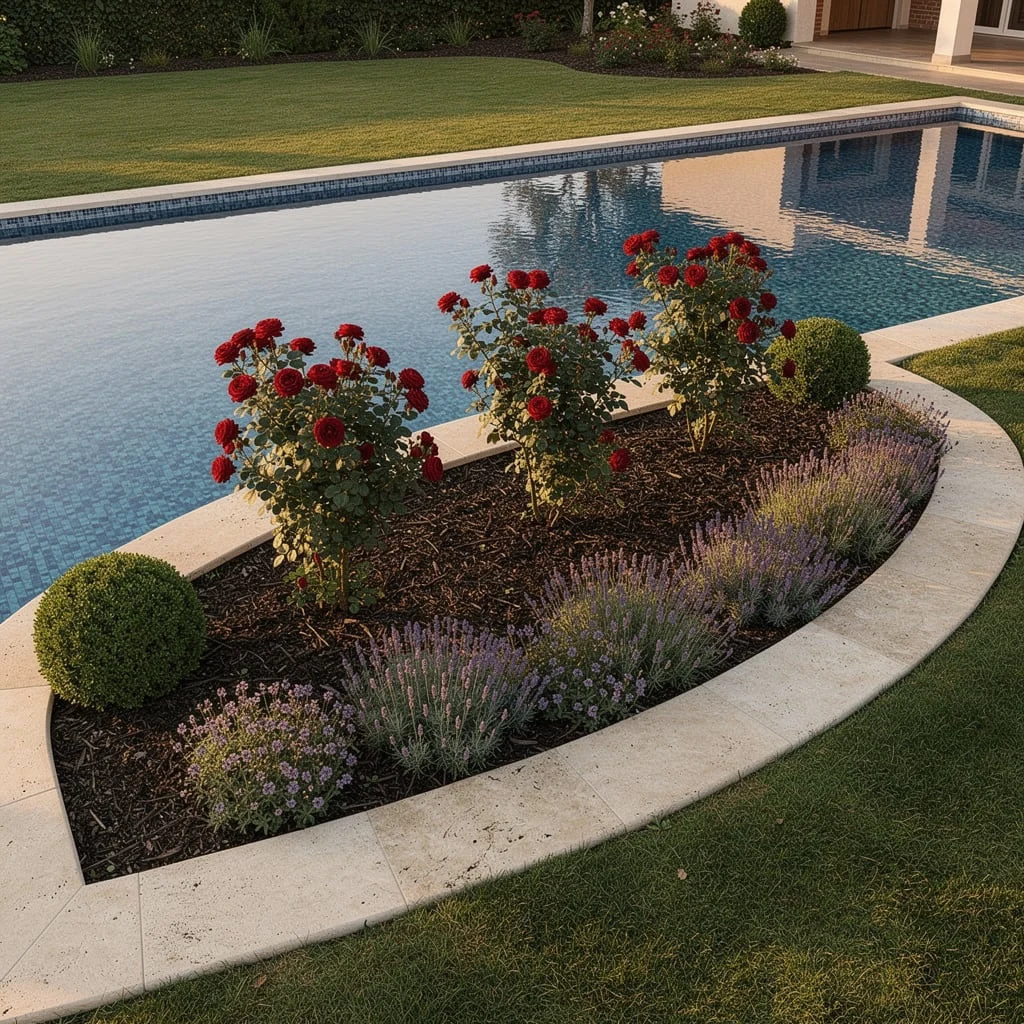 The Curved Pool Bed with Red Roses, Lavender, Box Spheres, and a Travertine Coping Edge
