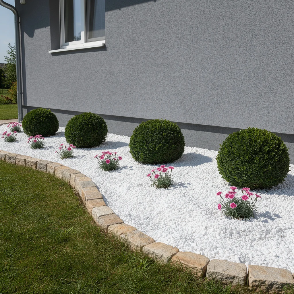 White Gravel With Boxwood and Dianthus