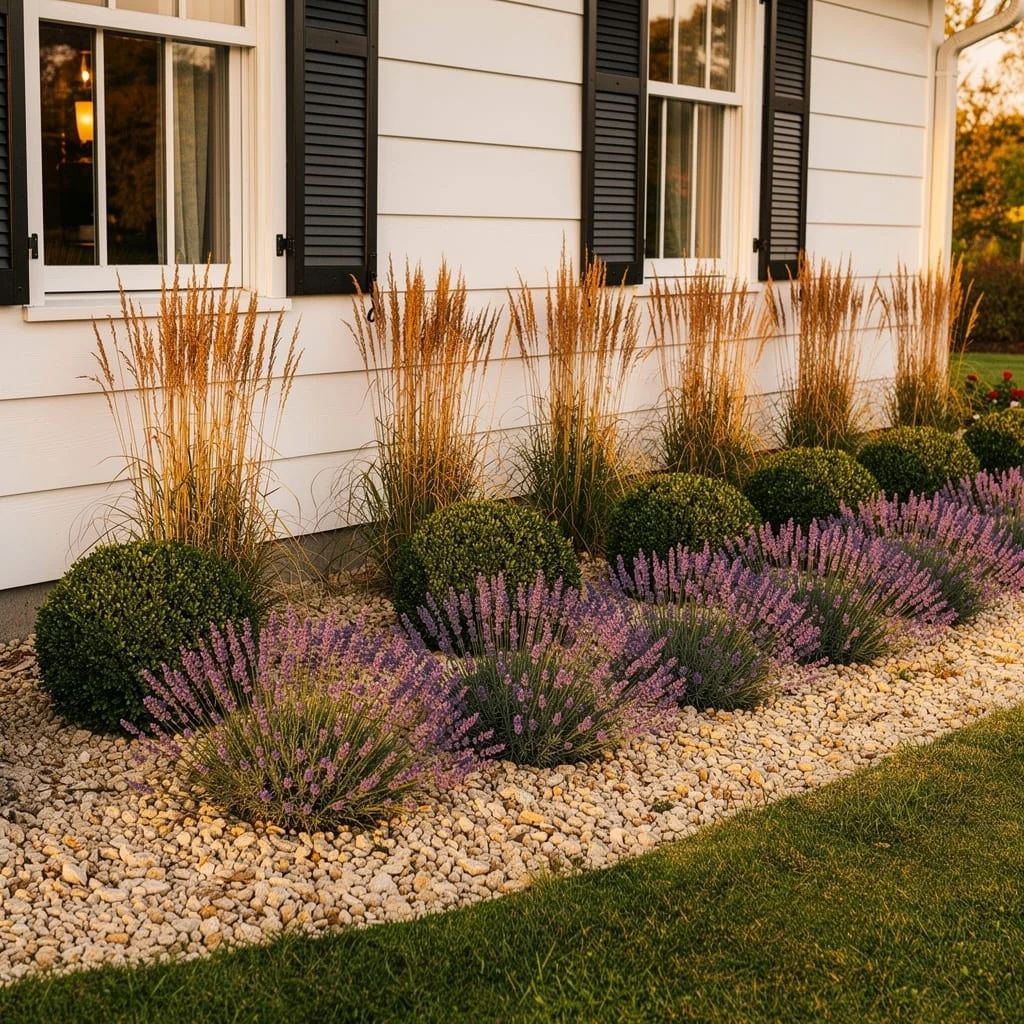 White Farmhouse Siding With Gravel, Boxwood, and Grasses